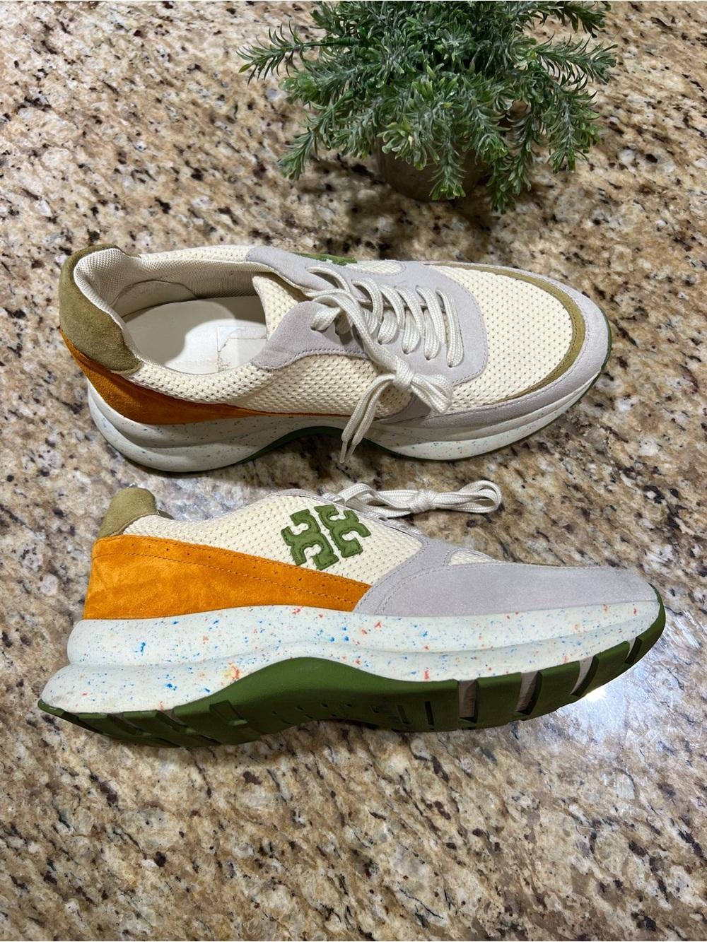 Tory Burch Good Luck Trainer Ivory Cream Vibrant Green w/ Speckles Sneakers 10 - Picture 4 of 11
